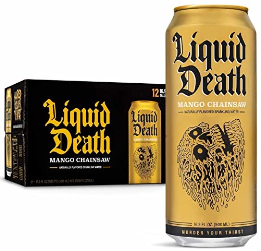 Liquid Death Sparkling Water, Mango Chainsaw 12 x 500 ml - Mango Chainsaw - Sparkling