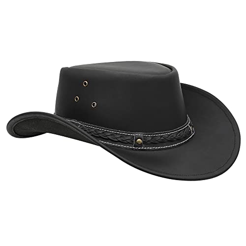 Australian Leather Cowboy Hat Bush Aussie Style Summer Western Outback Black and Brown - Black - XXL