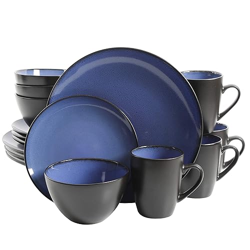 Gibson Soho Lounge Round Reactive Glaze Stoneware Dinnerware Set, Service for 4 (16pc), Blue, Soho Round. - Soho Round - Blue