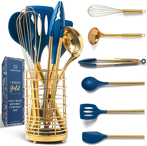 Gold and Navy Blue Kitchen Utensils Set - 7-Piece Silicone Cooking Tools for Nonstick Cookware with Utensil Holder - Stylish Cooking Gifts for Modern Kitchens - Navy & Gold