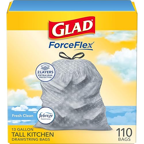 Glad Tall Kitchen Drawstring Trash Bags - Odorshield 13 Gallon White Trash Bag, Febreze Fresh Clean, 110 Count - Febreze Fresh Clean - 110 Count (Pack of 1)
