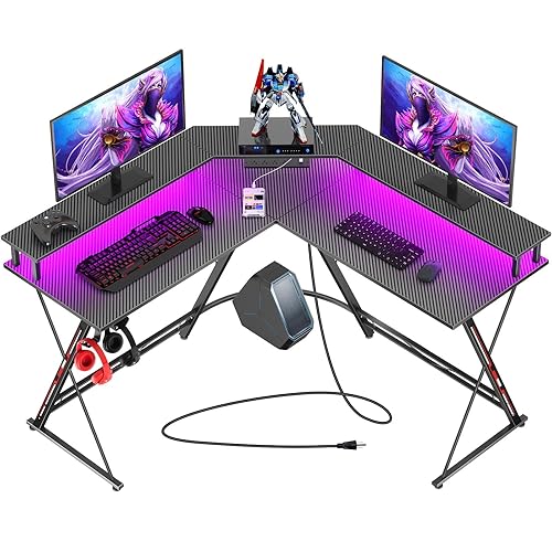 SEVEN WARRIOR L Shaped Gaming Desk with LED Lights & Power Outlets, 50.4” Computer Desk with Monitor Stand, Corner Desk with Carbon Fiber Surface, Gaming Table with Hooks, Black - Black - 50.4 INCH