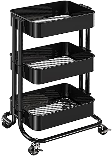 Pipishell 3 Tier Metal Rolling Utility Cart, Heavy-Duty Storage Rolling Cart with 2 Lockable Wheels, Multifunctional Mesh Organization Utility Cart for Kitchen Dining Room Living Room (Black) - Black - 3 Tier