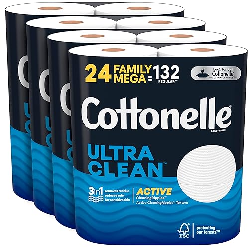Cottonelle Ultra Clean Toilet Paper with Active CleaningRipples, 1- Ply, 24 Family Mega Rolls (4 Packs of 6) (24 Family Mega Rolls= 132 Regular Rolls), 388 Sheets per Roll, Packaging May Vary - 388 sheet (Pack of 24)