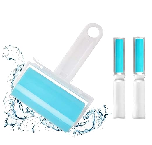Sticky Lint Roller 3 Pack, Reusable Washable Lint Roller Pet Hair Remover Include Large and Small Size Cleaner for Clothes, Pet Hairs, Carseats - Blue - 1M-2S