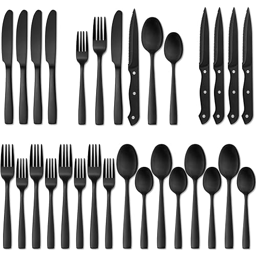 HIWARE 24 Pieces Matte Black Silverware Set with Steak Knives for 4, Stainless Steel Flatware Utensils Set, Hand Wash Recommended - 24-Piece - Black