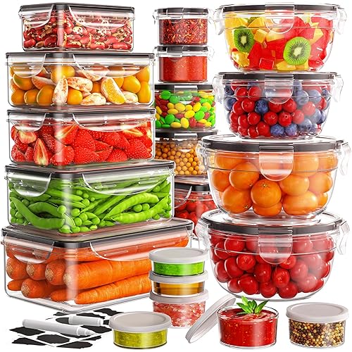 JSCARES 40 PCS Food Storage Containers with Lids Airtight (20 Lids &20 Containers) - Leakproof Meal-Prep Containers for Kitchen Storage Reusable Plastic Microwave/Dishwasher Safe with Labels & Pen - 20 Pack