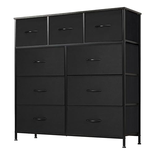 DUMOS Dresser for Bedroom, Storage Organizer with 9 Drawers, Chest of Drawers with Fabric Bins, Sturdy Metal Frame, Wood Tabletop for Guest Room, Closet, Entryway, Nursery - Black - 11.8"D x 39.4"W x 39.4"H (9 Drawers)