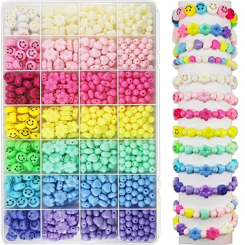 JJzxwish 1260pcs Acrylic Pastel Beads, 28 Color Candy Kit, 4 Shapes Flower Heart Face Round, Lightweight for Jewelry Making, DIY Craft, Phone Charm Bead - Flower Beads