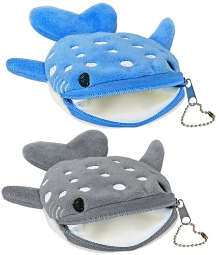 Krinisou Whale Shark Coin Purse, 2 Pcs Kids Plush Coin Pouch, Cute Kawaii Wallet with Zipper Keychain, Small Embroidered Fish Sea Animal Change Purse for Women - 2