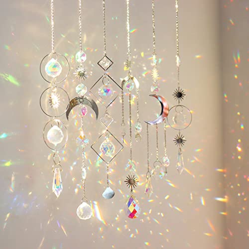 6Pieces Crystal Suncatchers for Window Hanging Sun Catcher with Chain Rainbow Maker Crystal Prisms Decor for Home Garden Party Wedding Ornament Gift Mother Daughter - Silver