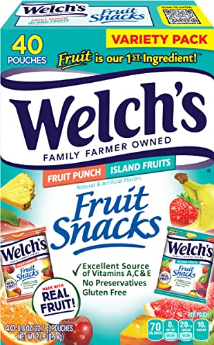 Welch's Fruit Snacks, Fruit Punch & Island Fruits Variety Pack, Perfect for School Lunches, Gluten Free, Bulk Pack, 0.8 oz Individual Single Serve Bags (Pack of 40)