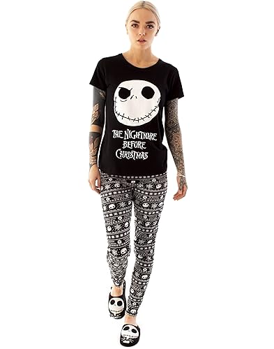 Disney Nightmare Before Christmas Pyjamas For Women | Ladies Jack Skellington T-Shirt & Trousers PJ Set | Adults Black T-Shirt & Elasticated Waistband - XL - Black