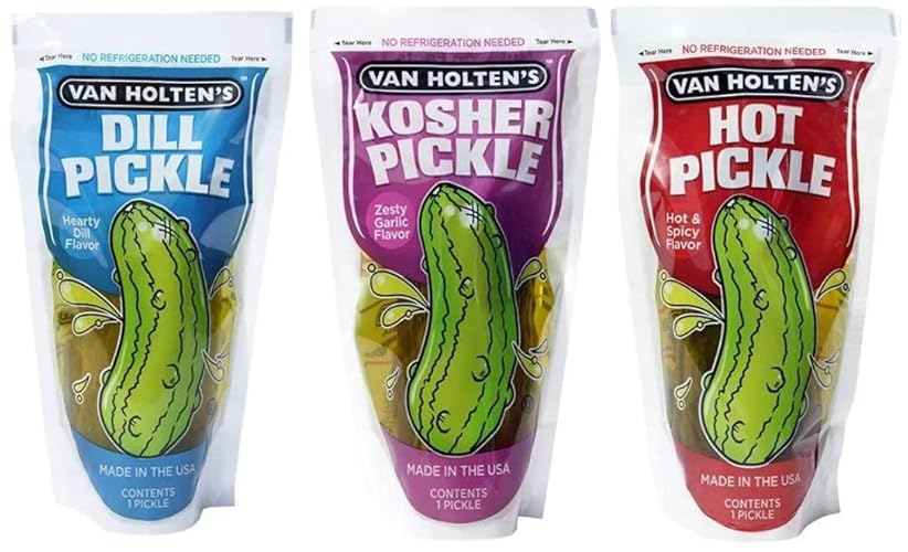 Van Houltens Jumbo Pickle in A Pouch Variety Pack - 3 Flavours - Kosher Garlic - Hot and Spicy - Dill (3 Pack)
