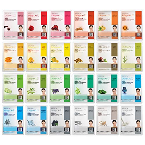 DERMAL 24 Combo Pack A Collagen Essence Korean Face Mask - Hydrating & Soothing Facial Mask with Panthenol - Hypoallergenic Self Care Sheet Mask for All Skin Types - Natural Home Spa Treatment Mask - 24 Pack