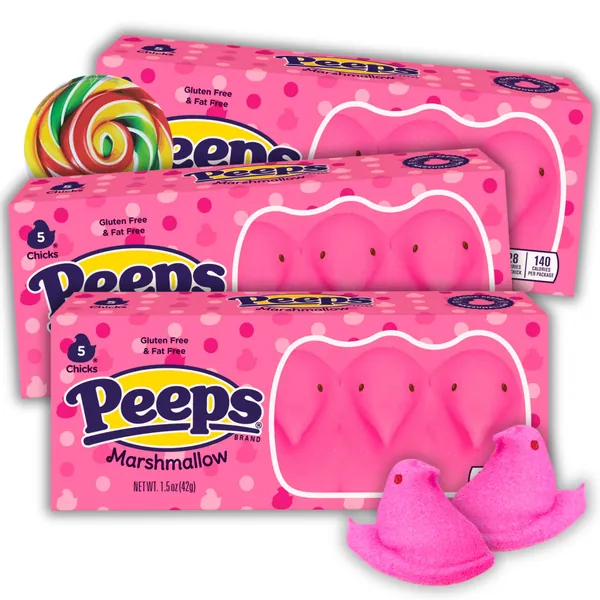 Peeps Chicks Marshmallows, Easter Basket Stuffers, 5 in Each Classic Candies, (Pack of 3) (Pink) - Pink