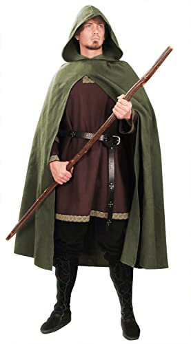 JPXH Renaissance Hooded Cape Witch Cloak with Hood Medieval Hobbit Halloween Costume - One Size - Green1