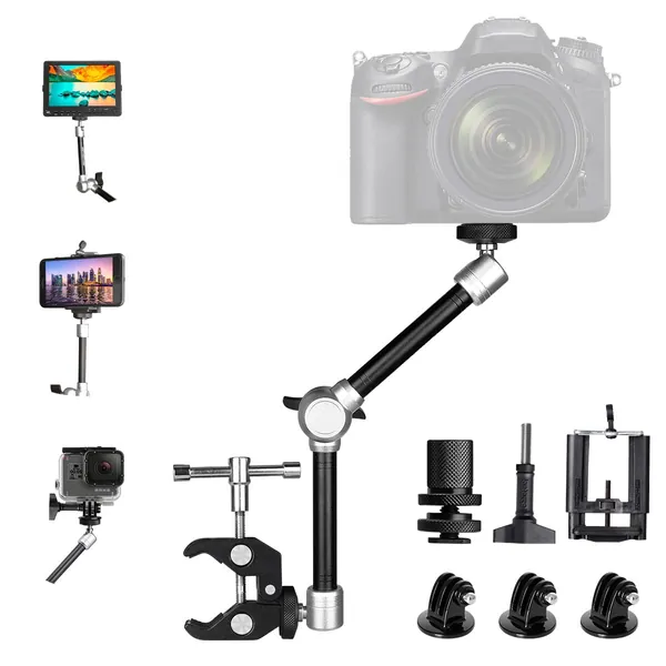 11" Adjustable Heavy Duty Robust Articulating Friction Magic Arm w/ Clamp Mounts for DSLR Mirrorless Time Lapse Action Camera Camcorder Cell Phone GoPro iPhone Monitor Video Light Vlog Rig Holder