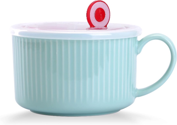 WHJY 30oz Ceramic Bowl with Lid and Handle for Soup and Instant Noodles Soup Mug, Modern Simple Style, with Heat Preservation Handle - Blue - Blue
