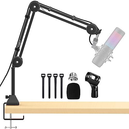 Aveek Overhead Mic Boom Arm Stand, Desk Boom Arm Microphone Stand with Detachable Riser Mount Clamp 3/8" to 5/8" Adapter Mic Clip Cable Ties Filter for Blue Yeti Snowball Hyper X QuadCast Shure