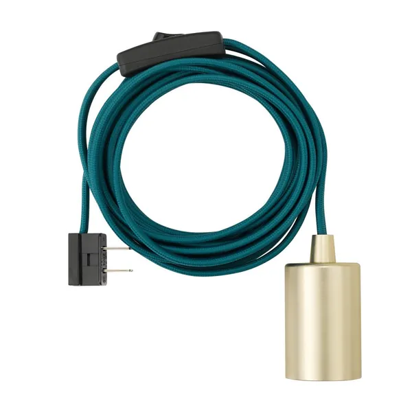 Globe Electric 69997 1-Light Plug-in Exposed Socket Pendant, 15-ft Teal Cloth Cord, in-Line On/Off Rocker Switch, Brass Socket, E26 Base Socket, Pendant Light Fixture, Adjustable Height - Without Bulb Teal