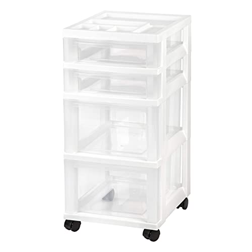 IRIS USA Craft Plastic Organizers and Storage, Rolling Storage Cart for Classroom Supplies, Storage Organizer for Art Supplies, Drawer Top Organizer for Small Parts, 4 Drawers, White - White - 4 Drawer