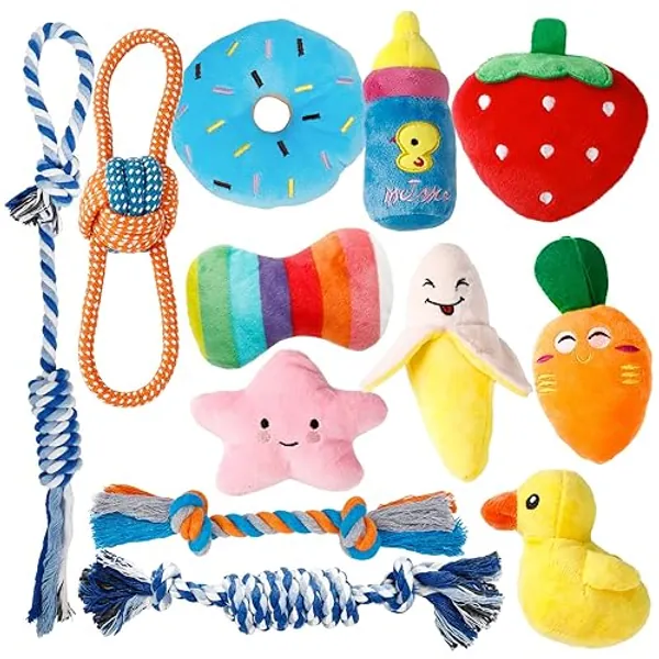SYLAWE 12 Pack Puppy Chew Toys for Teething, Colorful Puppy Toys Small Dogs with Plush Squeaky Dog Toys and Sturdy Ropes Puppy Teething Toys - 12 Pack