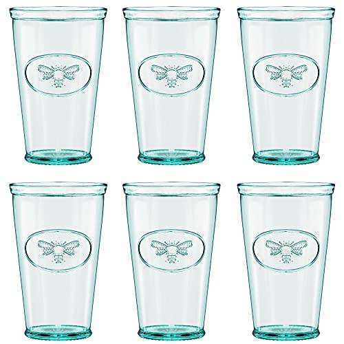 Amici Home Bee Hiball Glass | 16 Oz | Italian Made, Recycled Glass with Green Tint | Drinking Glass with Embossed Bee Design for Water, Juice, Cocktails (Set of 6)