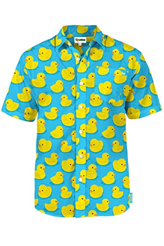 Tipsy Elves Men's Hawaiian Shirt for Men - Vacation Wear Beach Shirts for Men - Short Sleeve Button Up Men's Summer Shirt - X-Large - Rubber Ducky (Blue Yellow)