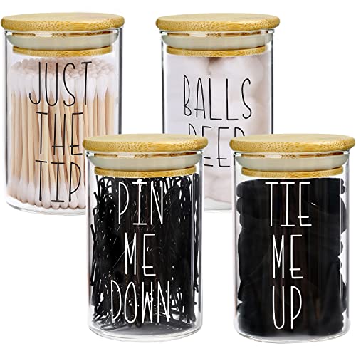 MOMEEMO Apothecary Jars with Lids Glass, Cotton Ball, Qtip/Bobby Pin Holder, Hair Tie Organizer are Great for Bathroom Organization, Accessories. (Set of 4, Ties & Pins) - Set of 4, Ties & Pins