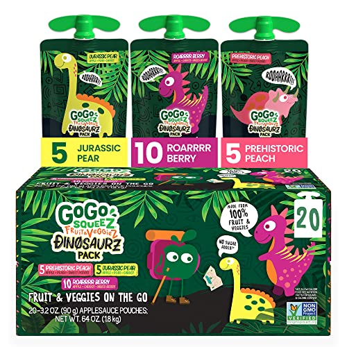 GoGo squeeZ Fruit & veggieZ Variety Pack, Jurassic Pear, Roarrrr Berry & Prehistoric Peach, 3.2 oz (Pack of 20), Unsweetened Snacks for Kids, No Gluten, Nut & Dairy, Recloseable Cap, BPA Free Pouches - Dino Variety Pack