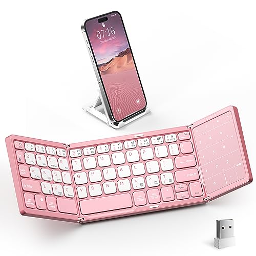Artciety Foldable Bluetooth Keyboard, Folding Portable Wireless Keyboard with Touchpad Numeric Keypad, Travel Pocket Keyboard for MacOS Android Windows iOS (Bluetooth 5.1x2+2.4G) - Pink