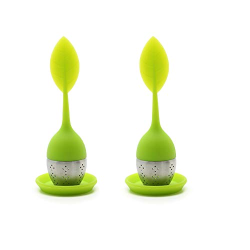CHuangQi (Set of 2) Tea Infuser Leaf Strainer Handle with Steel Ball Silicone Leaf Lid, Green