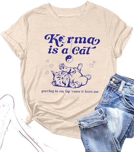 Karma is Cat Shirts for Women Cat Lover Short Sleeve T-Shirt Singer Fan Gift Tee Music Lovers Tops - Pink 