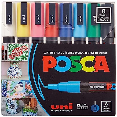 Posca Full Set of 8 Acrylic Paint Pens with Reversible Fine Point Pen Tips, Posca Pens are Acrylic Paint Markers for Rock Painting, Fabric, Glass Paint, Metal Paint, and Graffiti