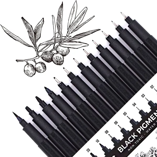 Set of 12 Micro-Pens, Fineliner Ink Pens, Black Drawing Pen, Pigment Pen, Waterproof,Great for Artist Illustration, Sketching, Technical Drawing 902195 - 