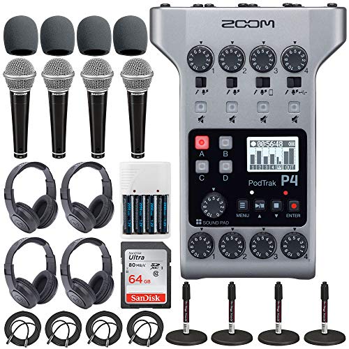 Zoom PodTrak P4 Portable Multitrack Podcast Recorder + 64GB SDXC Memory Card + 4x Dynamic Cardioid Handheld Mic + 4x Stereo Headphones + 4x Foam Windscreens + 4x Desk Mic Stand + Batteries & Charger - 4 Pack