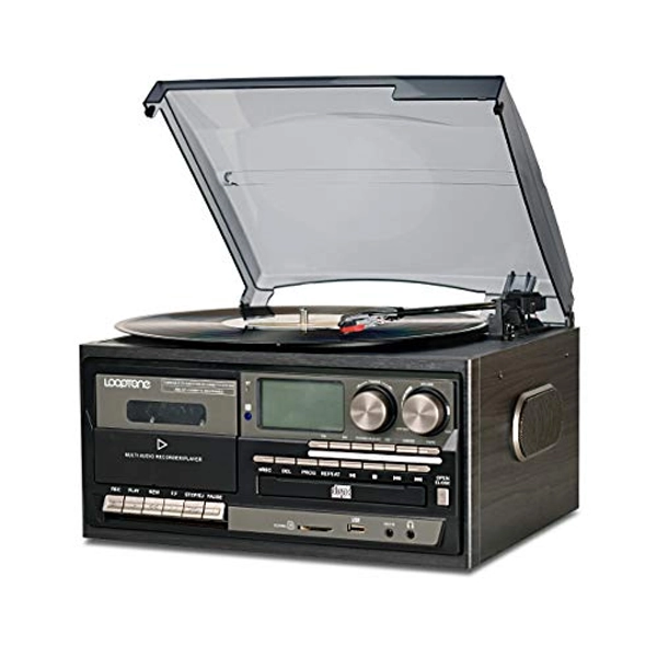 LoopTone Vinyl Record Player 9 in 1 3 Speed Bluetooth Vintage Turntable CD Cassette Player AM/FM Radio USB Recorder Aux-in RCA Line-Out (Black Edition)