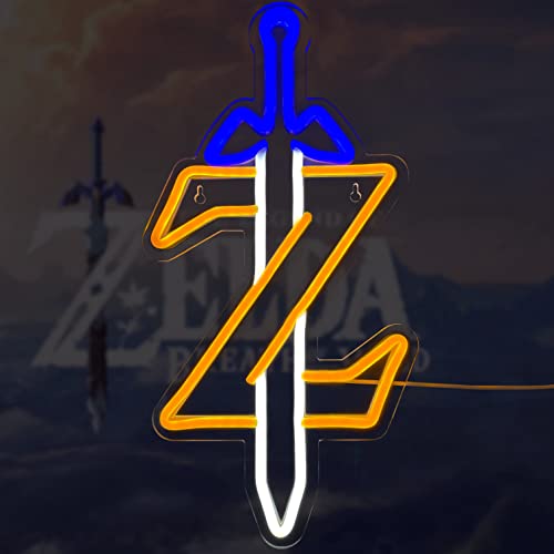 JOSEBRU Zelda Neon Sign, Silicone & Acrylic 8.2x16.1 inches, Sword Z LED Light for Gaming Room Decor, Wall Mount Indoor USB Powered - Blue+Yellow+White