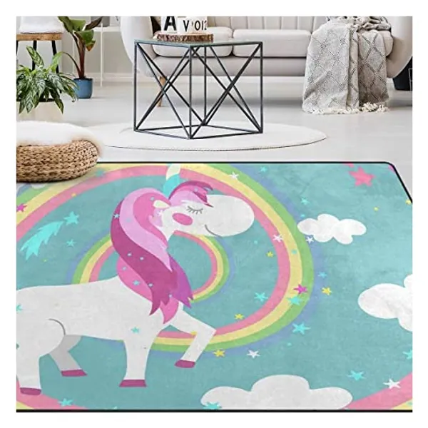Naanle Rainbow Unicorn Area Rug 5'x7', Cute Unicorn Polyester Area Rug Mat for Living Dining Dorm Room Bedroom Home Decorative