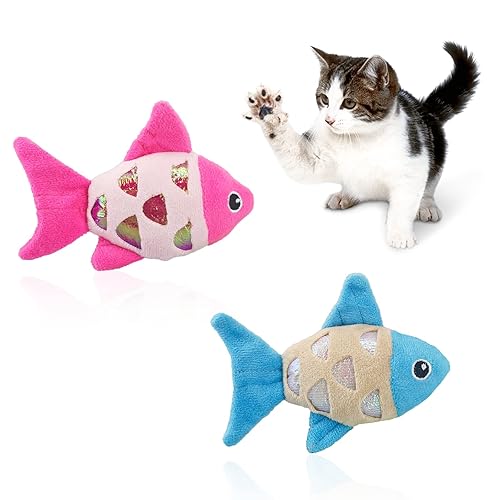 Andiker Cat Catnip Toys, 2pcs Small Cat Fish Toys with Crinkle Shine Ring Paper to Make Sound to Catch Your Cats Eyes and for Your Cats to Chew and Catch Interactive Cat Toys Indoor Cat (2PCS) - 2PCS
