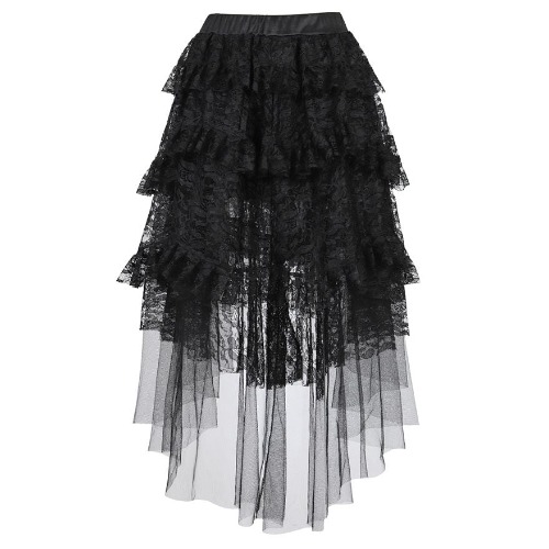 'Behind The Horror' Black Ruffle Pleated Tulle Lace Skirt - black / L / China