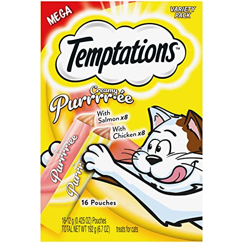 Temptations Creamy Puree with Chicken and Salmon Variety Pack of Lickable, Squeezable Cat Treats, 0.42 Oz Pouches, 16 Count - Variety Pack - 6.7 Ounce (Pack of 1)