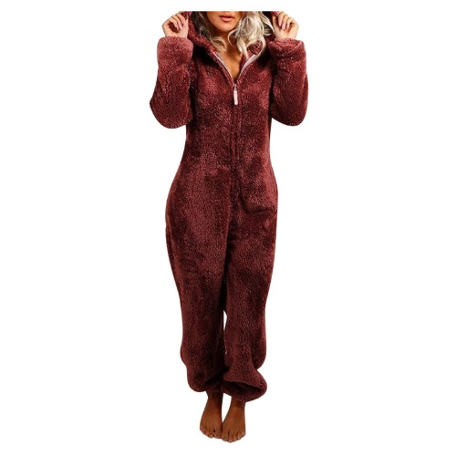 Jumpsuit dam mysig varm: onesie dam mysig stora storlekar onepiece vinter helkroppsdräkt fluffig långärmad hemmadräkt med huva pyjamas lång sovoverall med dragkedja - M - röd