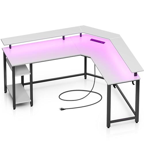 Rolanstar Computer Desk 55.1" with Power Outlets USB Ports & LED Strip, Reversible L Shaped Desk with Monitor Stand & Storage Shelf,L Shaped Gaming Computer Desk with Hooks,White - White - 56*48*34.4 inch