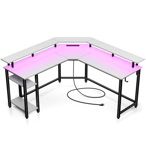 Rolanstar Computer Desk 56" with Power Outlets USB Ports & LED Strip, Reversible L Shaped Desk with Monitor Stand & Storage Shelf,L Shaped Gaming Computer Desk with Hooks,White - White - 56*56*34.4 inch