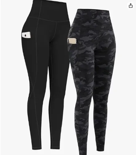 PHISOCKAT 2 Pack High Waist Yoga Pants with Pockets, Tummy Control Leggings, Workout 4 Way Stretch Yoga Leggings - Black+black Camo Medium