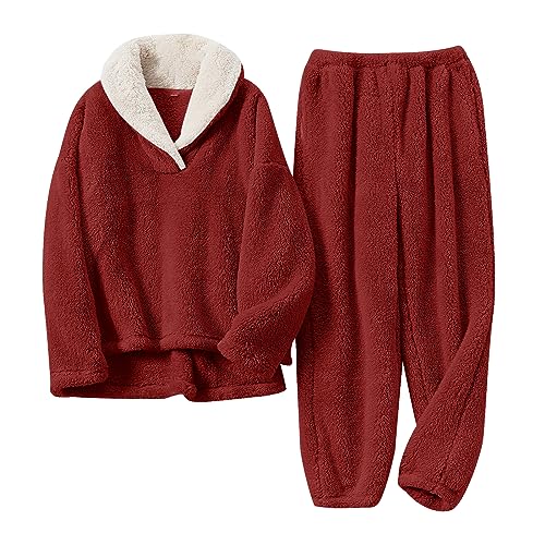 BOSECETA Fluffy Pajamas Set for Women Soft Comfy Fleece Pjs Pullover Pants Loose Plush Sleepwear Fuzzy Loungewear for Winter - Small - Wine Red