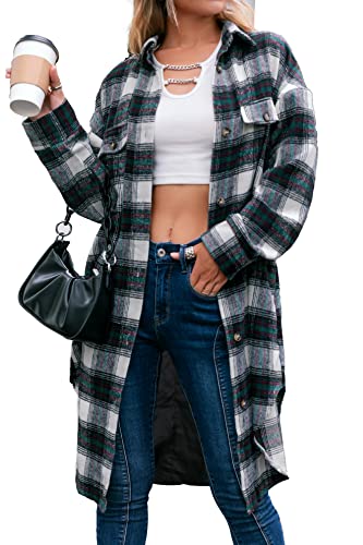 Amegoya Women's Casual Plaid Lapel Shacket Jacket Wool Blend Button Up Shirt Loose Oversize Coat - Small - 4-green-upgraded Lining