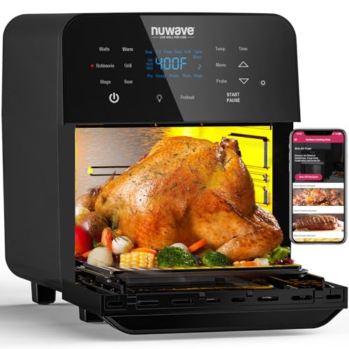 Nuwave Brio Air Fryer Oven, 15.5Qt X-Large Family Size, SS Rotisserie Basket &Skewer-Kit, Reversible Ultra Non-Stick Grill/Griddle Plate, Powerful 1800W, Integrated Smart Thermometer,Black - 15.5QT Brio